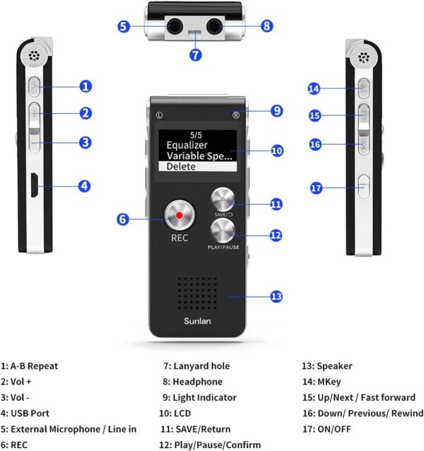 Sunlan Digital Voice Recorder 16GB Voice Recorder with Playback for Lectures - Image 5